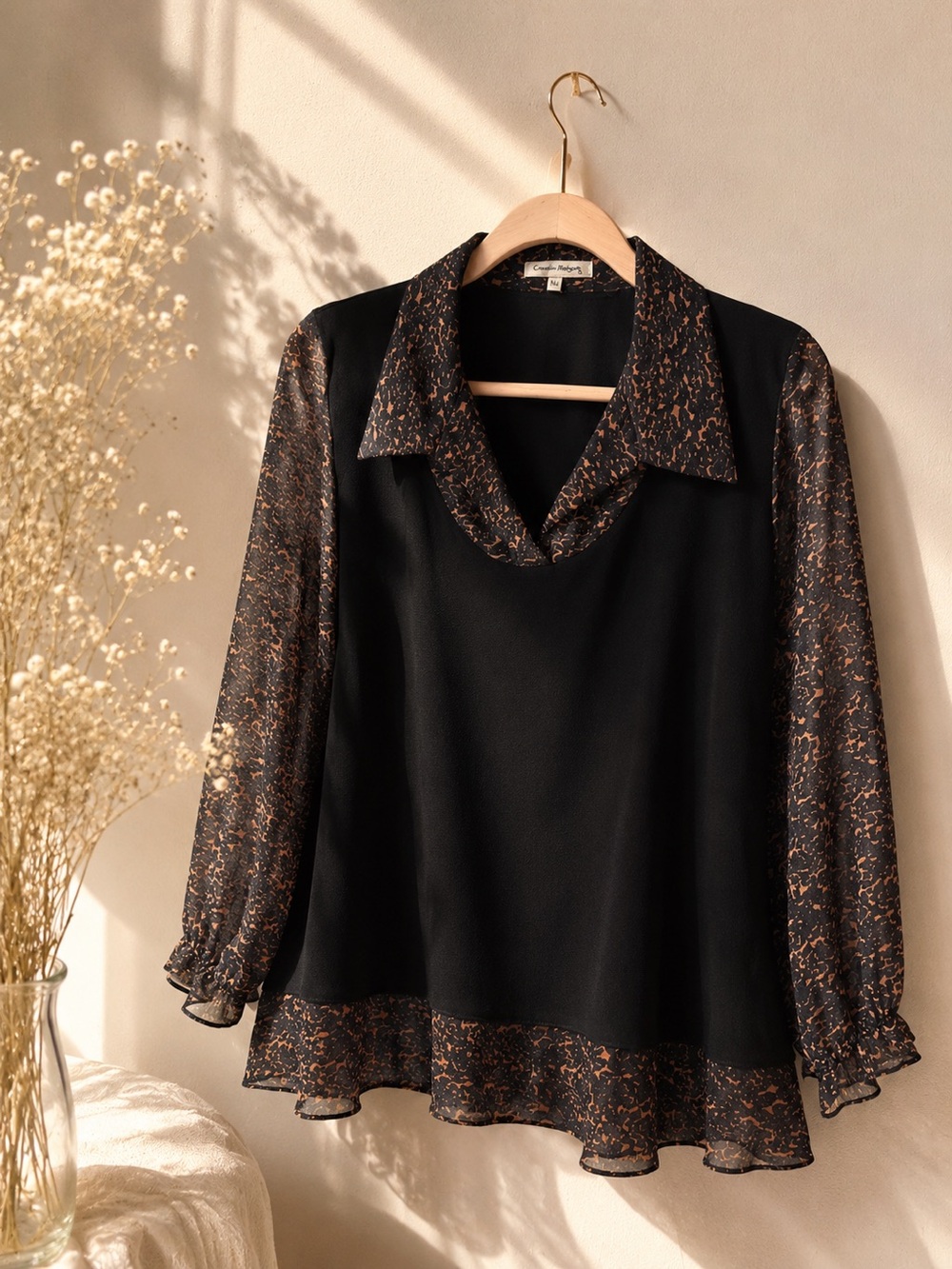 Claudia Richard Black Blouse with Brown Printed Trim